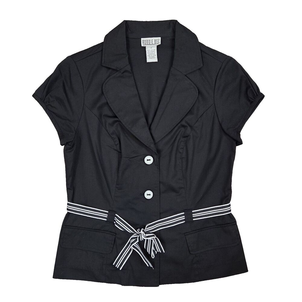 Vintage Y2K Robbie Bee Button Down Collared Top Belted 6 Black White Career